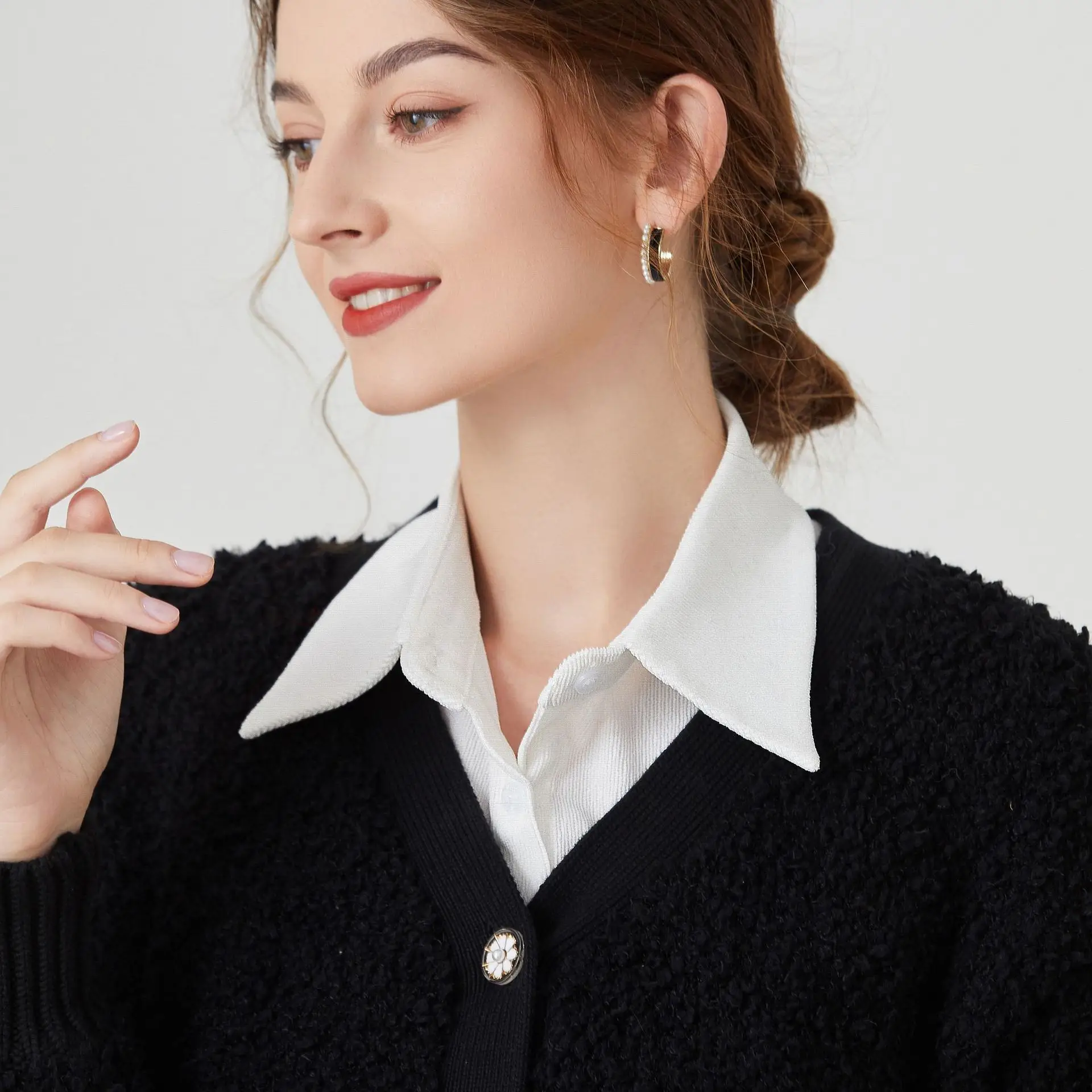Women's White Houndstooth Collar Shirt Long Shirt Cross Border Manufacturer