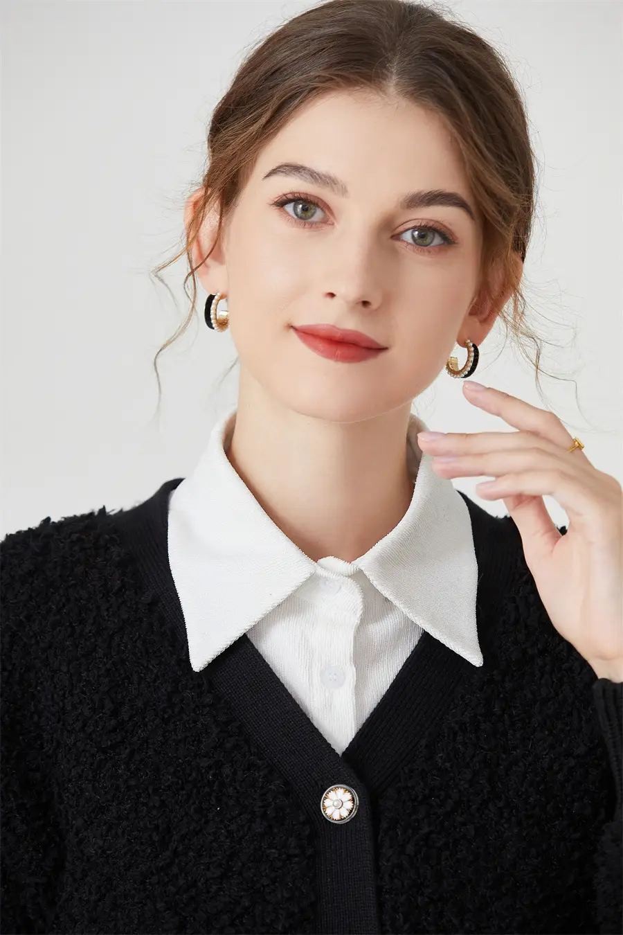 Women's White Houndstooth Collar Shirt Long Shirt Cross Border Manufacturer — feature 12