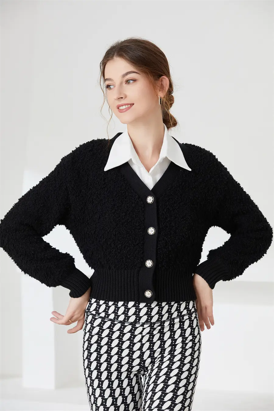 Women's White Houndstooth Collar Shirt Long Shirt Cross Border Manufacturer — feature 6