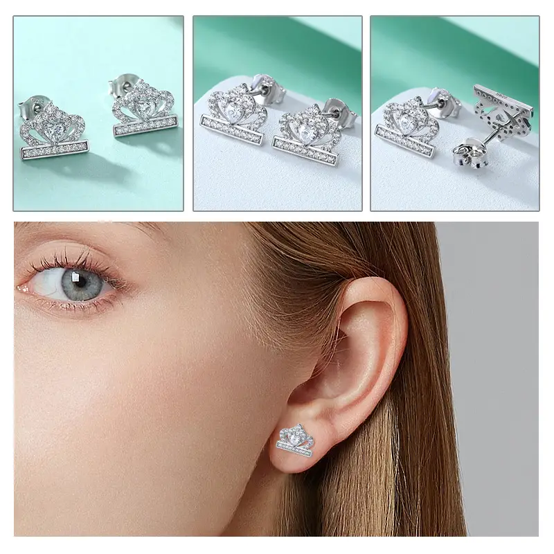 Ladies Crown Zircon Earrings 925 Sterling Silver Heart Design — feature 5