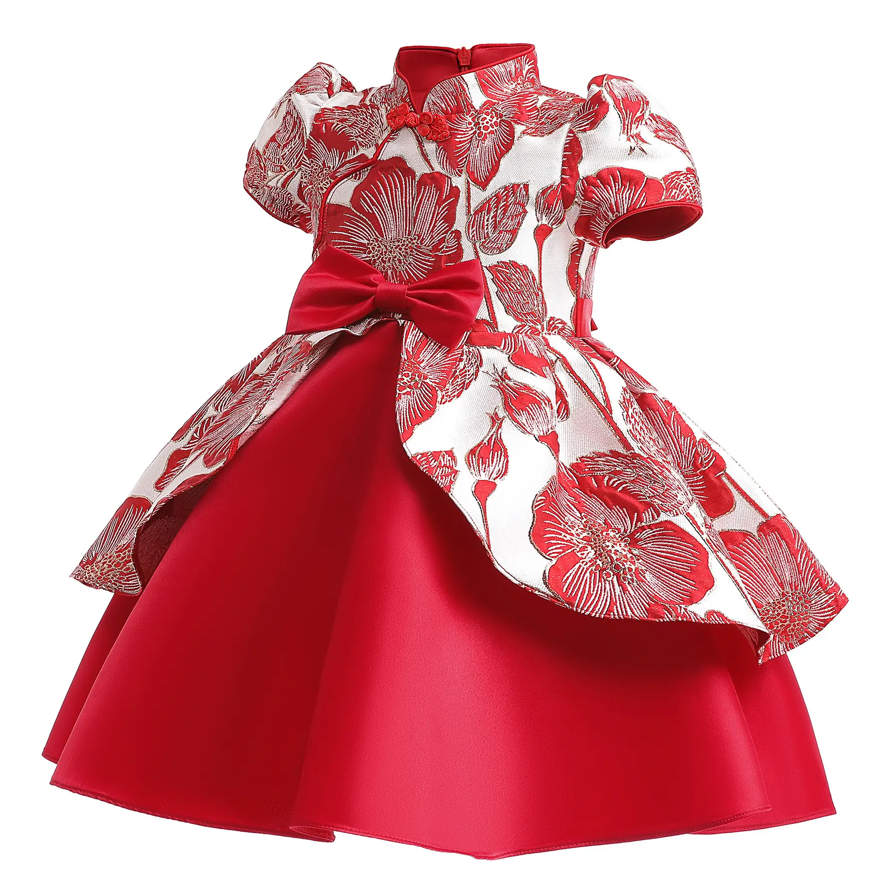 Red Embroidered Chinese Style Cheongsam Dress for Girls