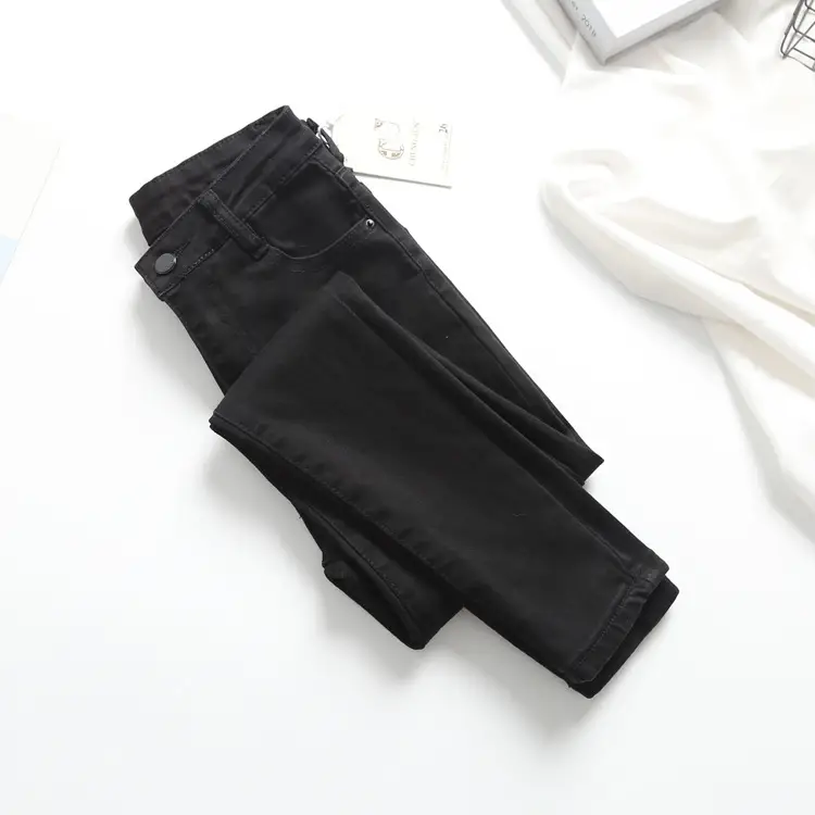 Women Black Stretch Denim Trousers High Waist Ankle Length - Image 2