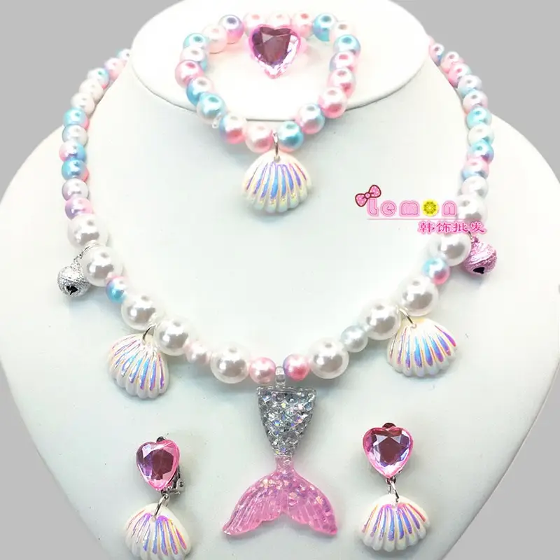 Kids Shell Necklace Bracelet Earrings Set Non-Pierced - Image 12