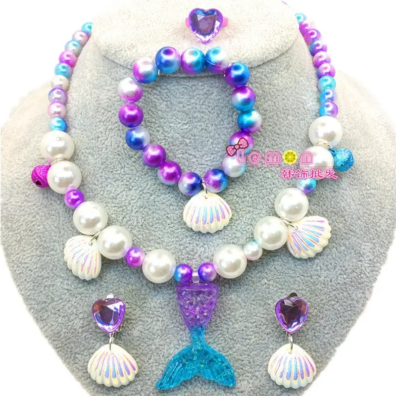 Kids Shell Necklace Bracelet Earrings Set Non-Pierced - Image 13