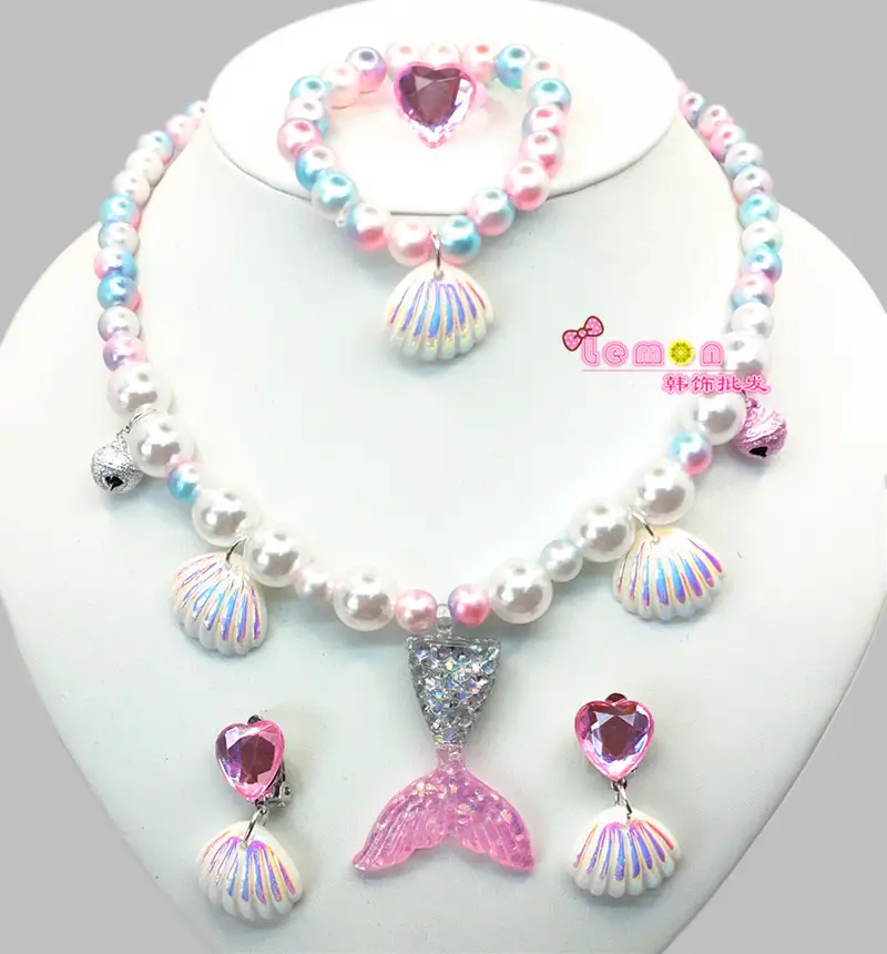 Kids Shell Necklace Bracelet Earrings Set Non-Pierced - Image 4