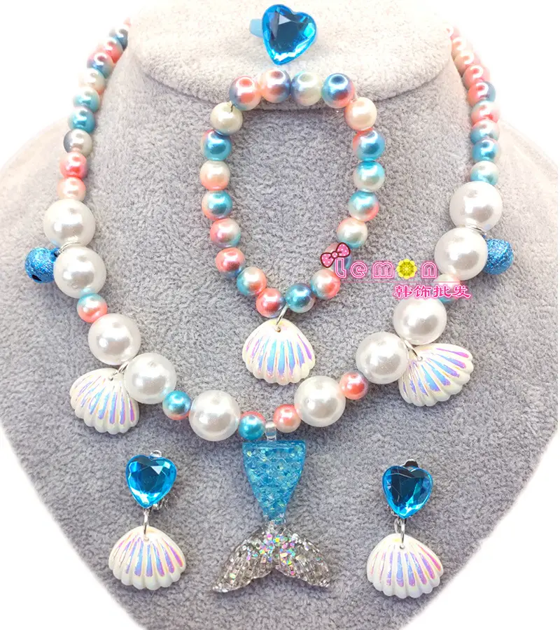 Kids Shell Necklace Bracelet Earrings Set Non-Pierced - Image 5
