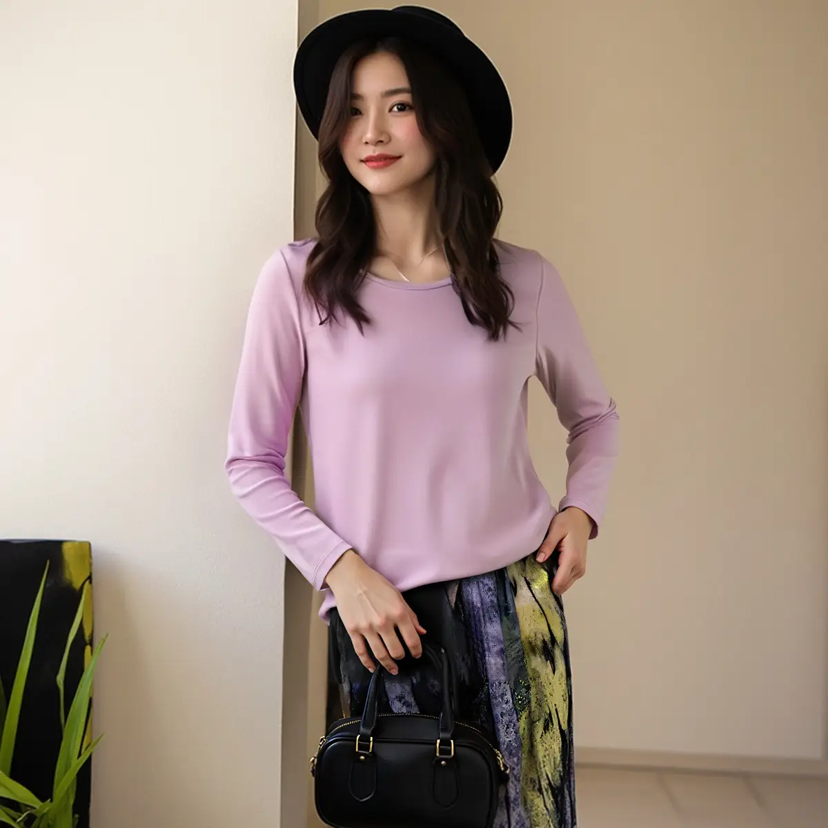 Women Slim Fit Round Neck Long Sleeve Top 2024 Spring - Image 10