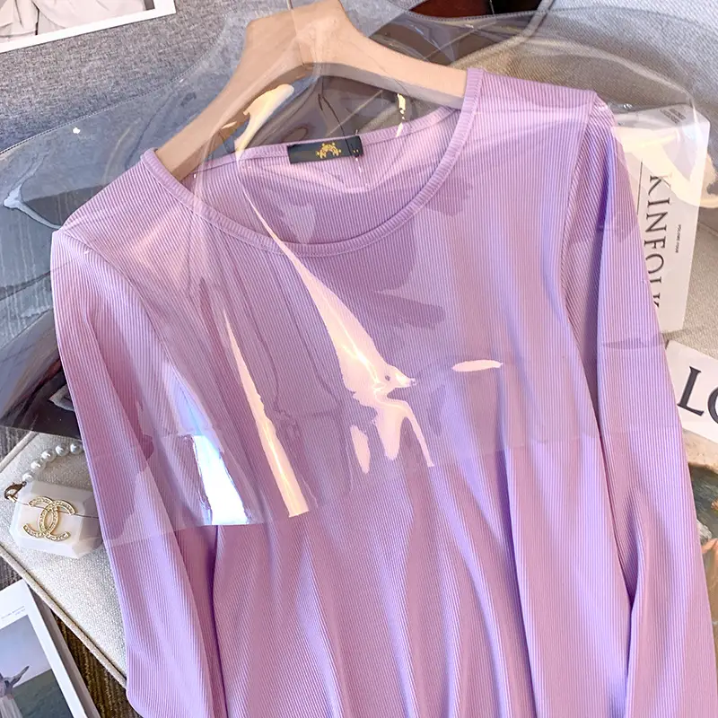 Women Slim Fit Round Neck Long Sleeve Top 2024 Spring - Image 11