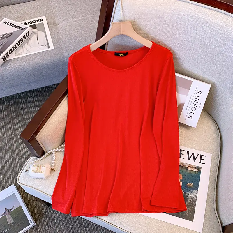 Women Slim Fit Round Neck Long Sleeve Top 2024 Spring - Image 5