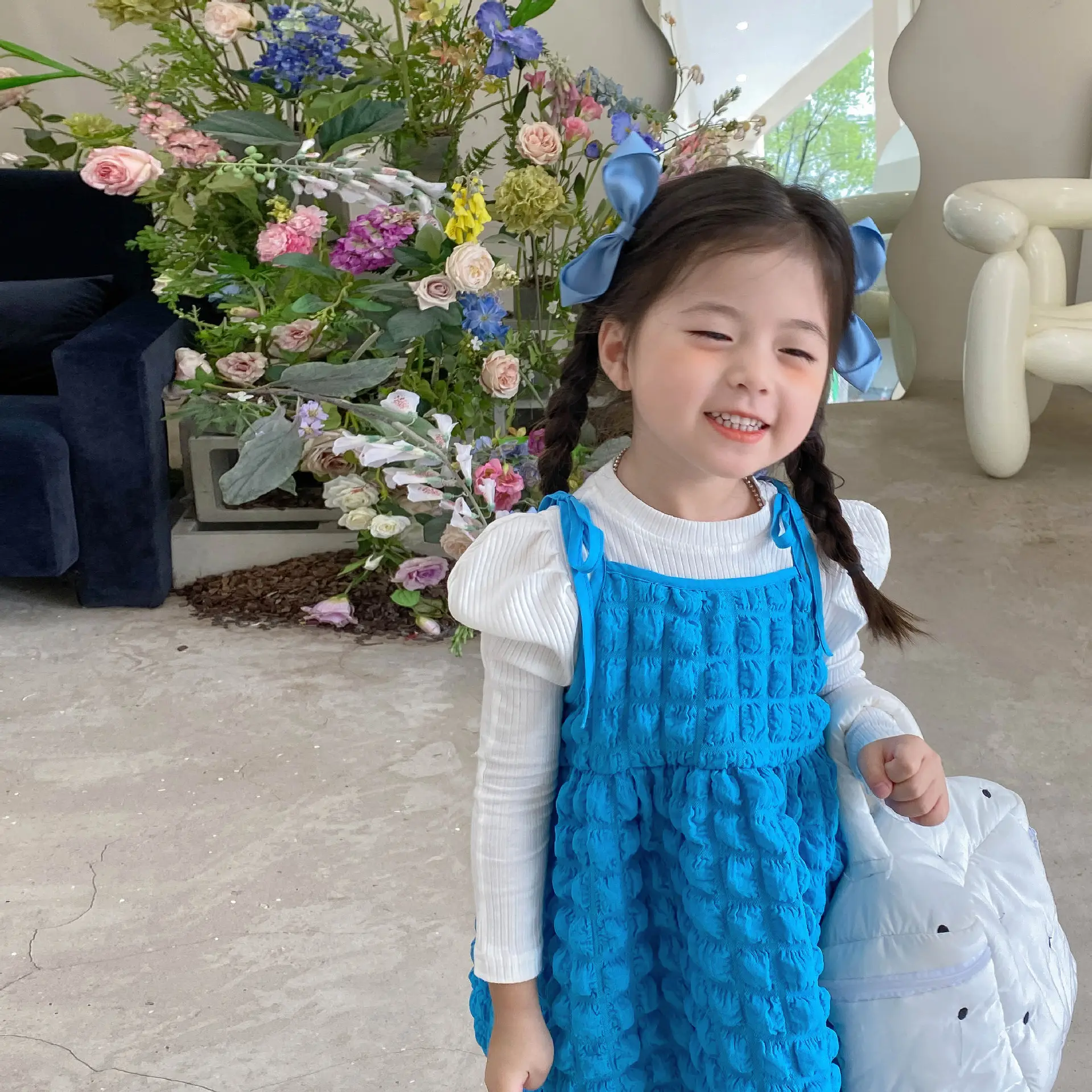 Blue Bubble Plaid Outerwear Dress for Girls 2022 - Image 3