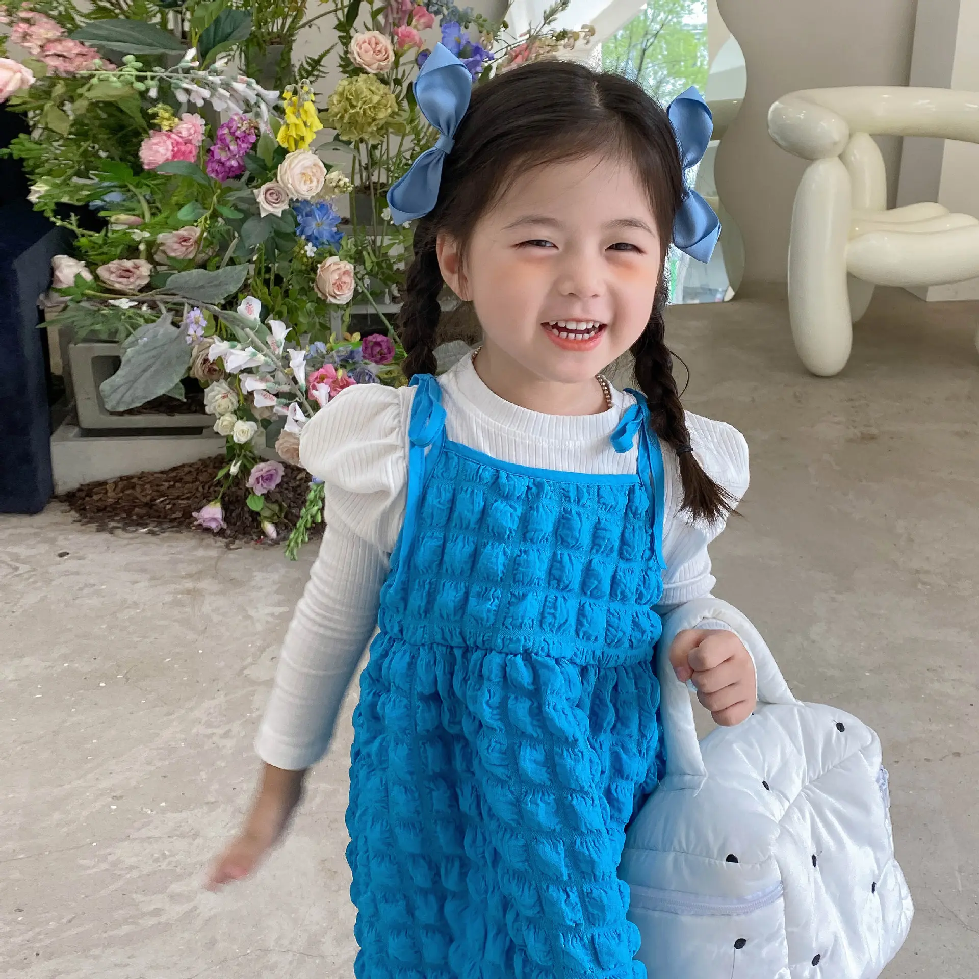 Blue Bubble Plaid Outerwear Dress for Girls 2022 — feature 12