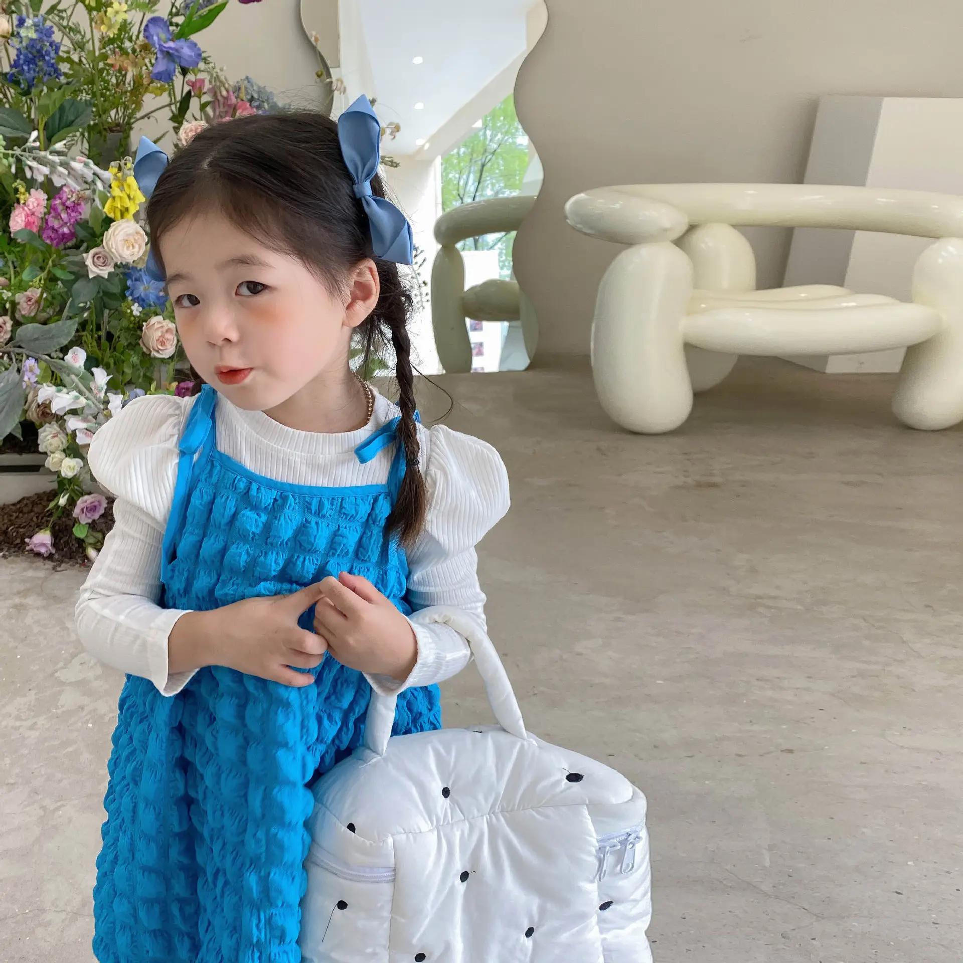 Blue Bubble Plaid Outerwear Dress for Girls 2022 — feature 5
