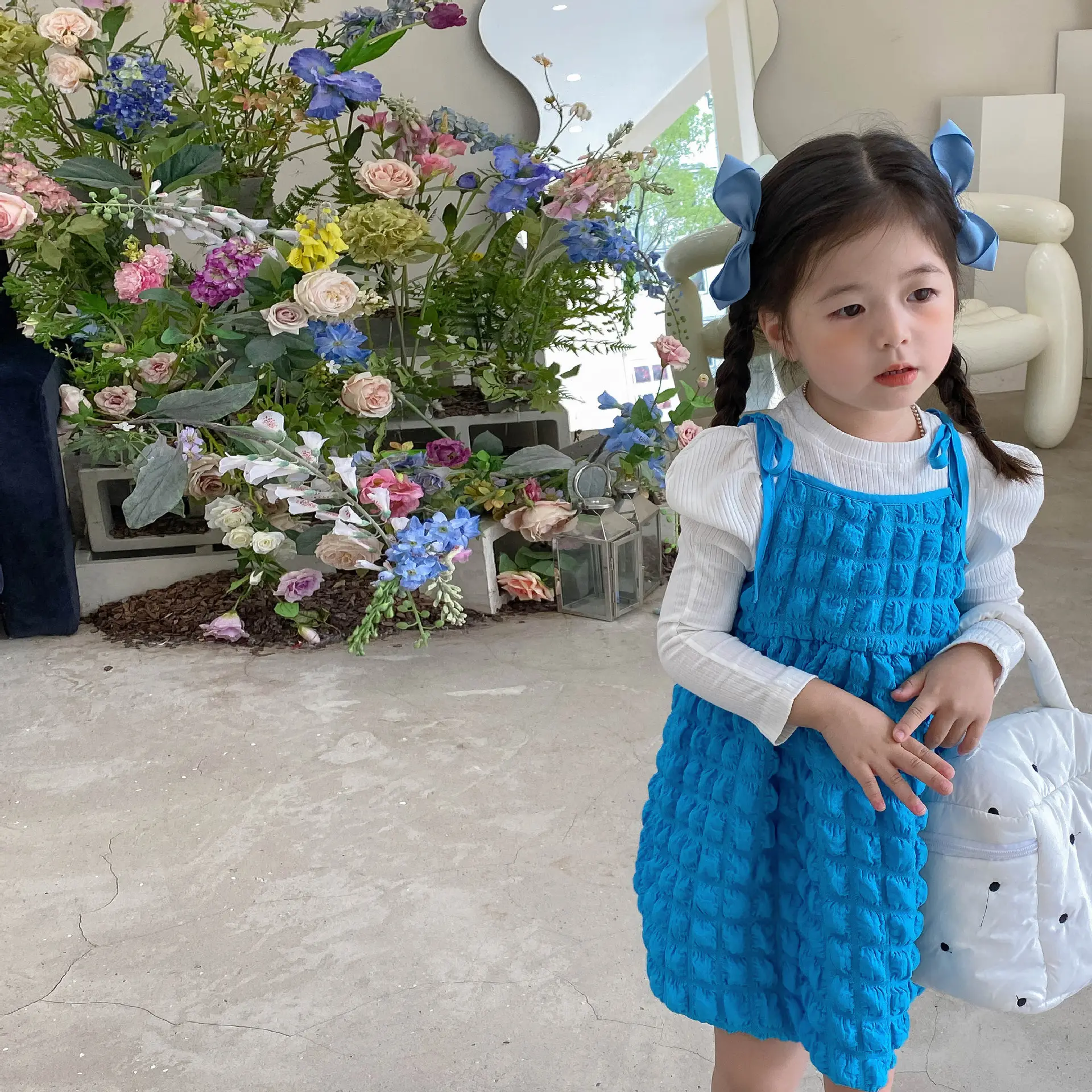 Blue Bubble Plaid Outerwear Dress for Girls 2022 — feature 6