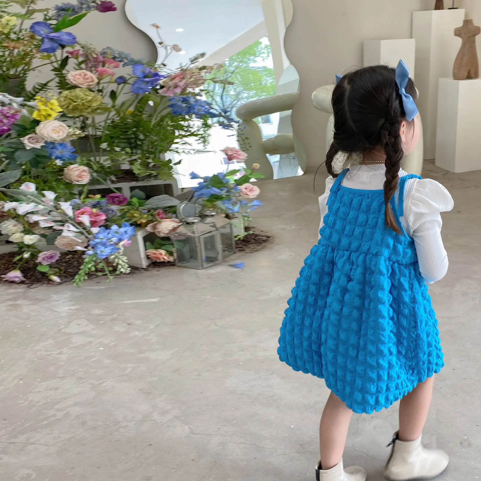 Blue Bubble Plaid Outerwear Dress for Girls 2022 — feature 7
