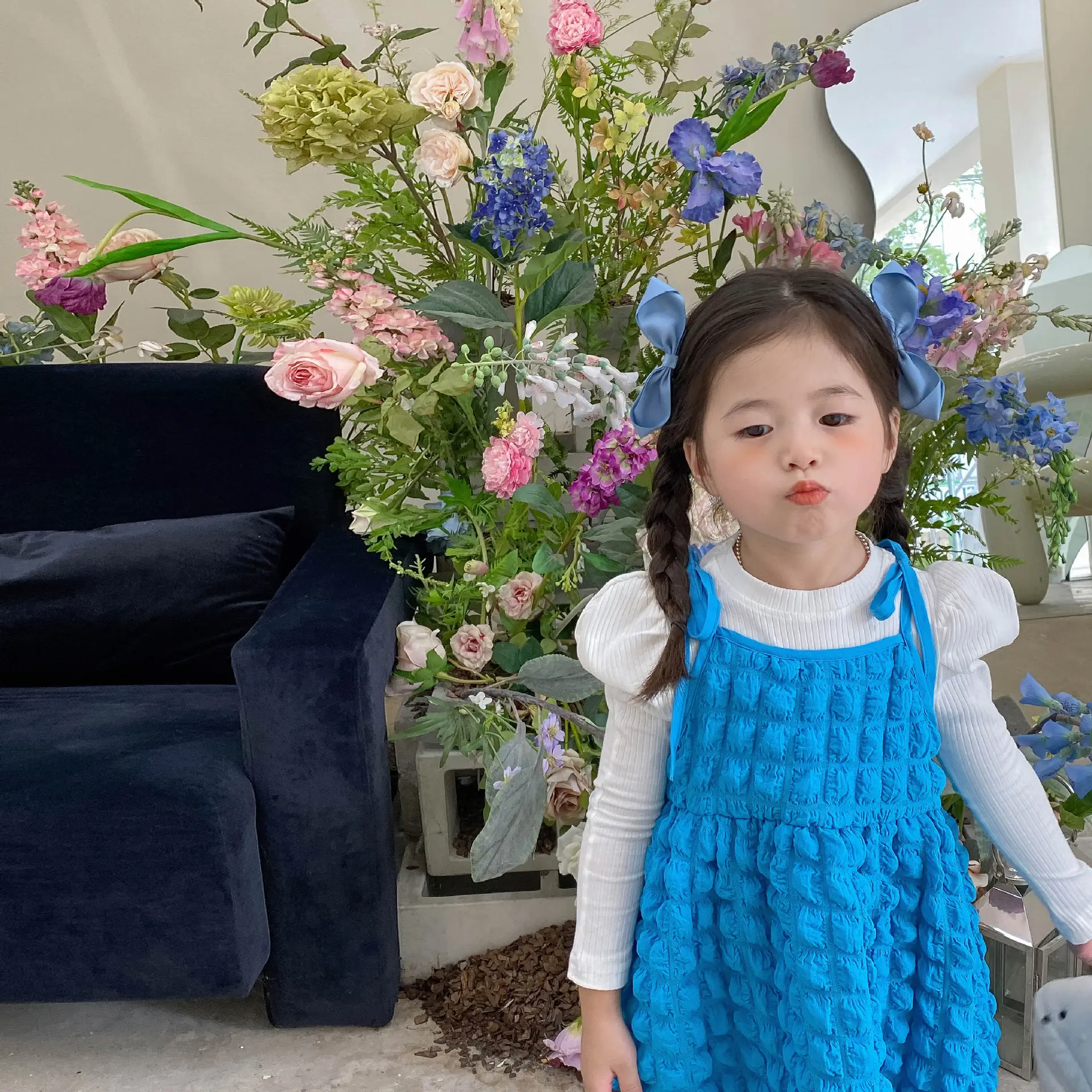 Blue Bubble Plaid Outerwear Dress for Girls 2022 — feature 9