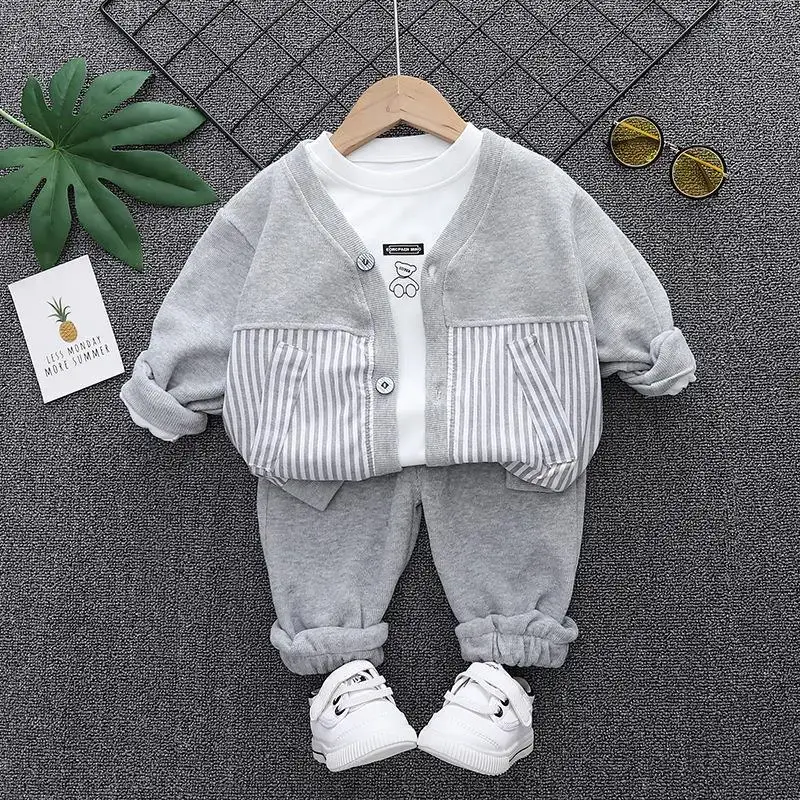 Boys' Cream Striped Cardigan Set with Grey Pants