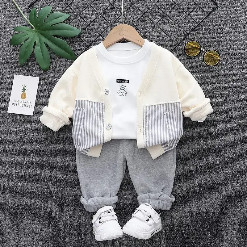 Boys' Cream Striped Cardigan Set with Grey Pants