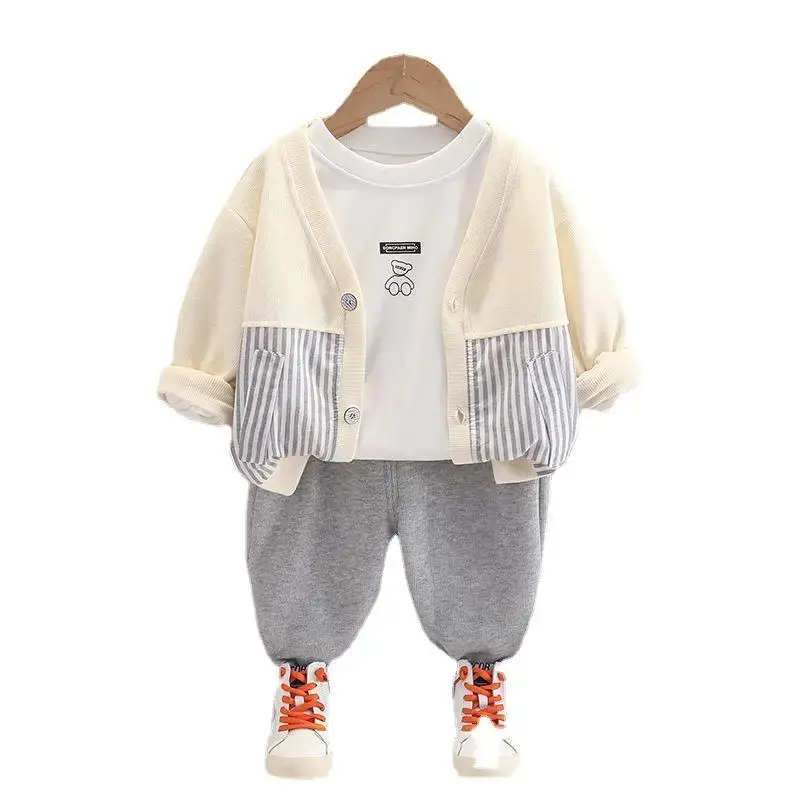 Boys' Cream Striped Cardigan Set with Grey Pants
