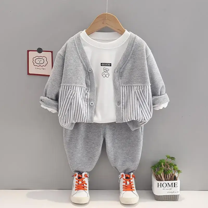 Boys' Cream Striped Cardigan Set with Grey Pants