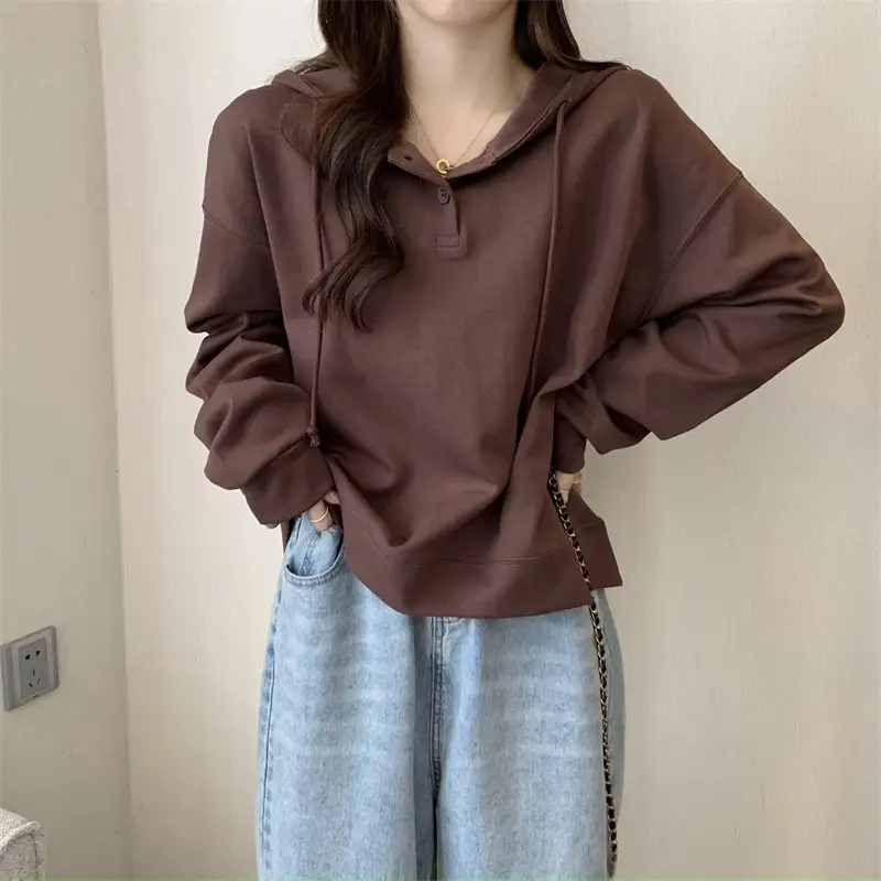 Brown Long Sleeve Hoodie for Women Spring Autumn - Image 2