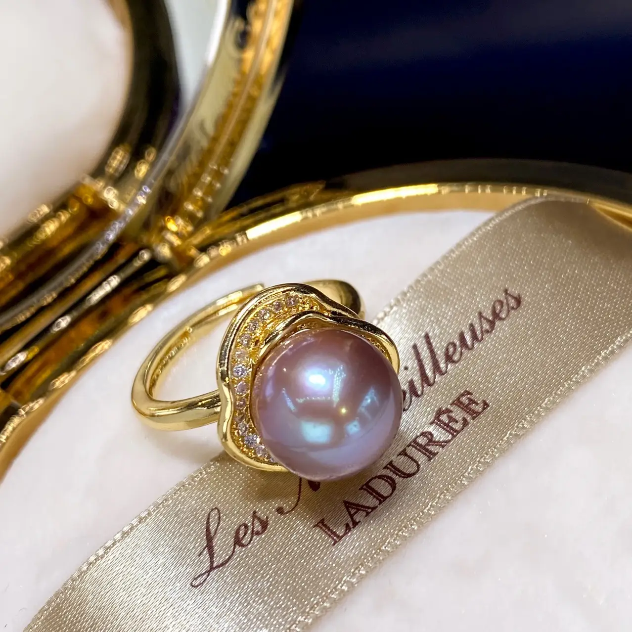 18K Gold Pearl Rings Pink Purple Large 10mm - Image 2