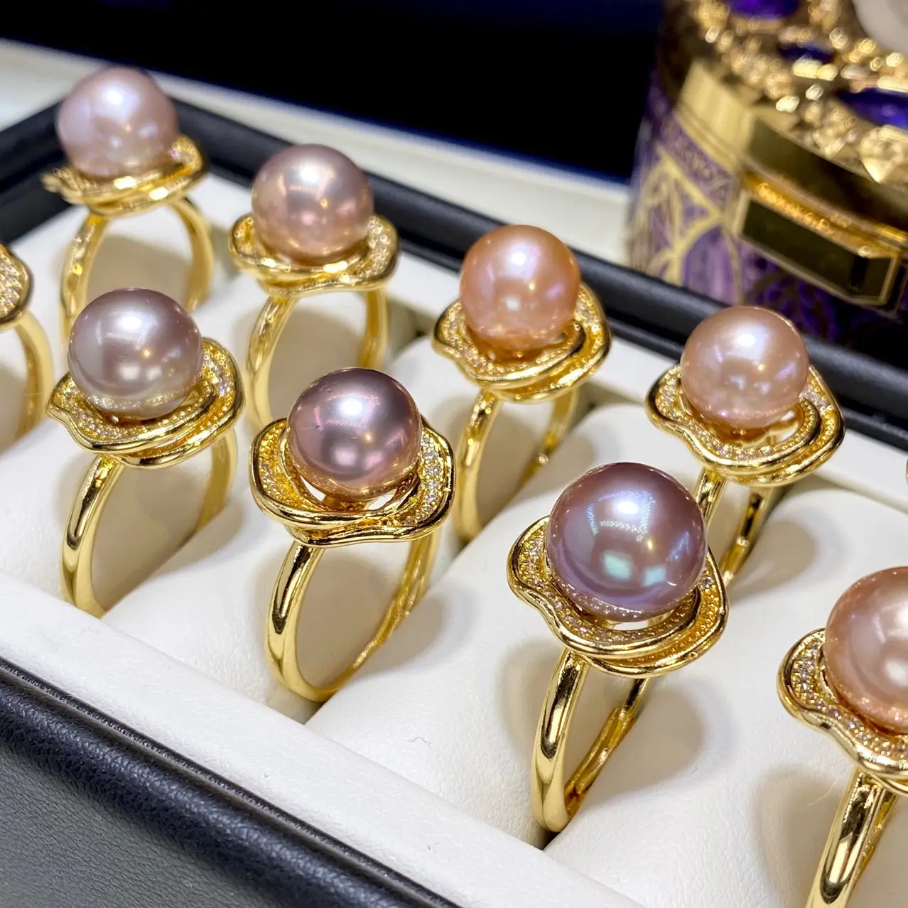 18K Gold Pearl Rings Pink Purple Large 10mm - Image 4