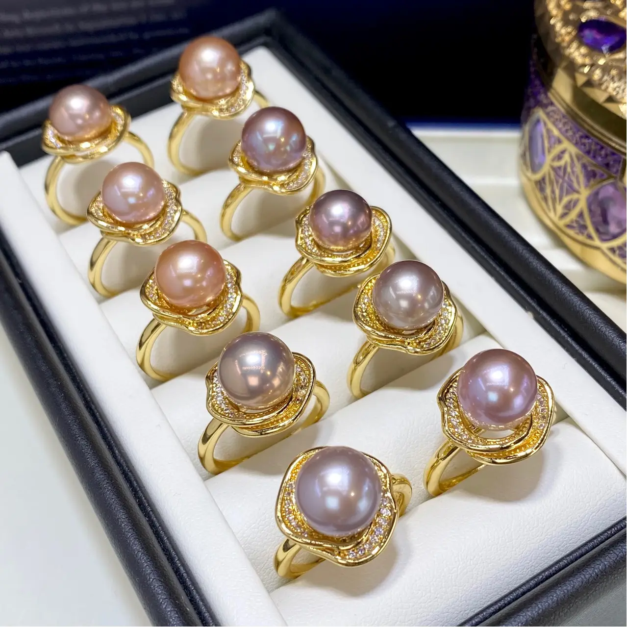 18K Gold Pearl Rings Pink Purple Large 10mm - Image 5