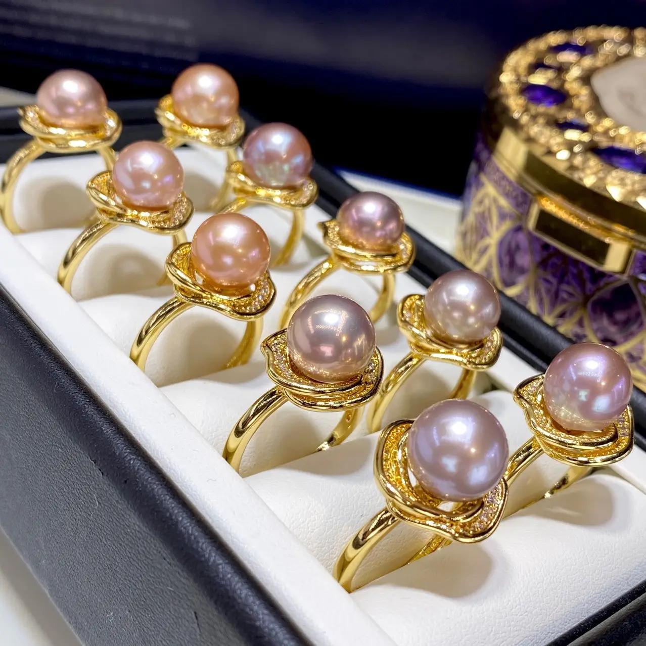 18K Gold Pearl Rings Pink Purple Large 10mm — feature 10