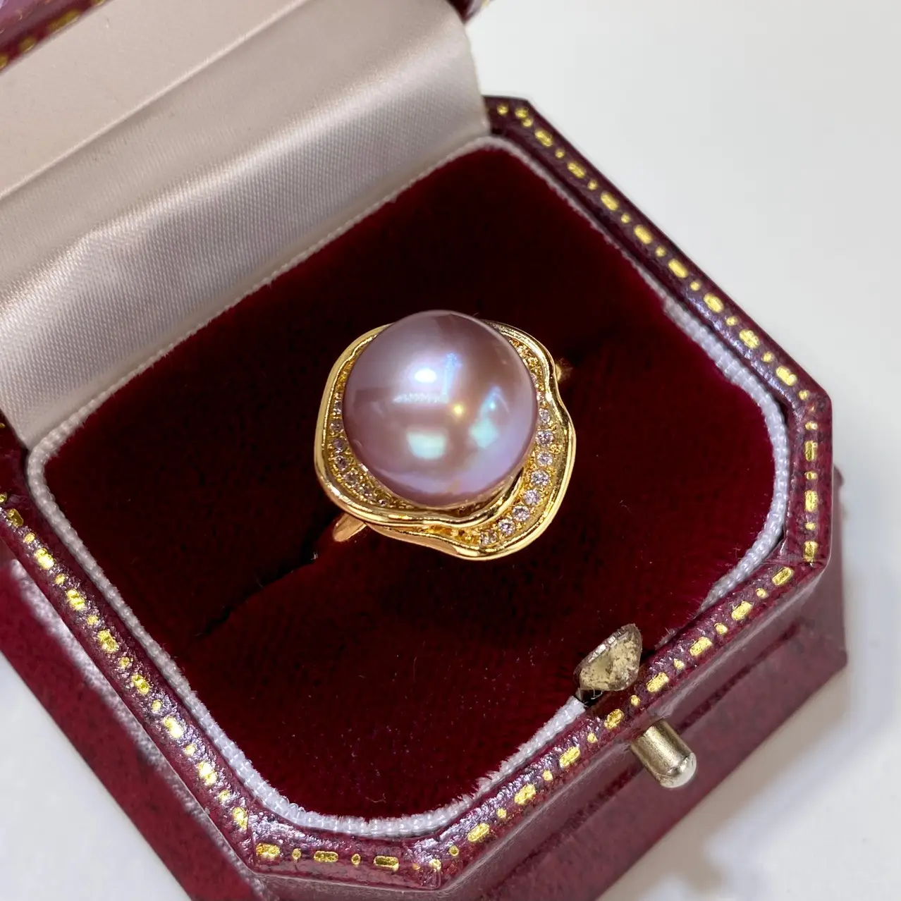 18K Gold Pearl Rings Pink Purple Large 10mm — feature 11