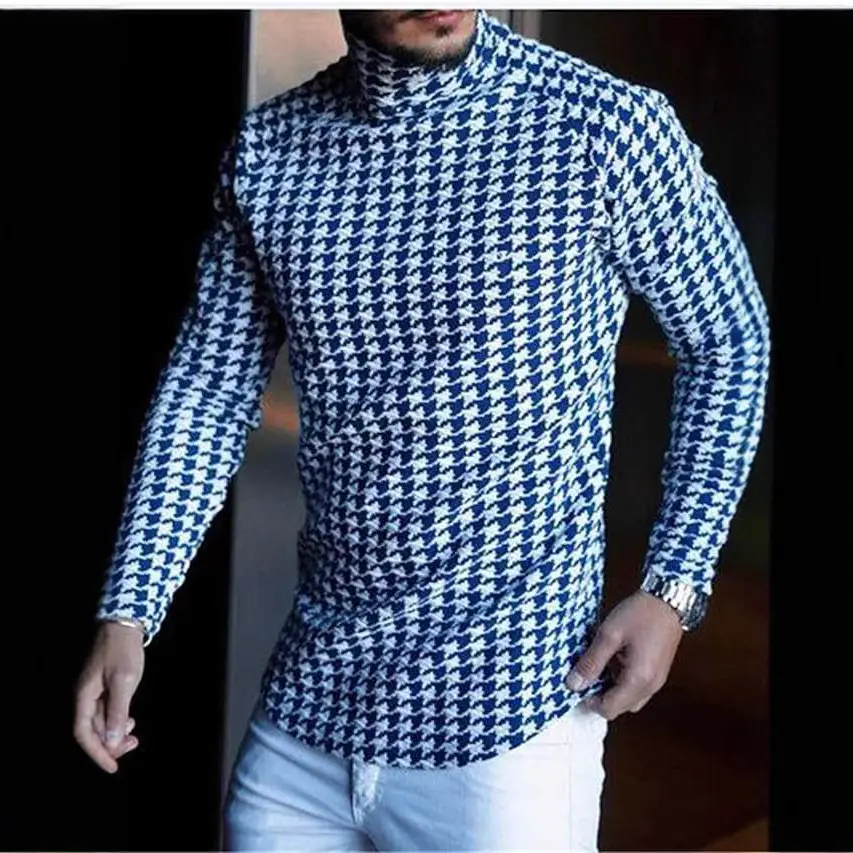 Men's Blue White Houndstooth Slim Fit Pullover Shirt - Image 7