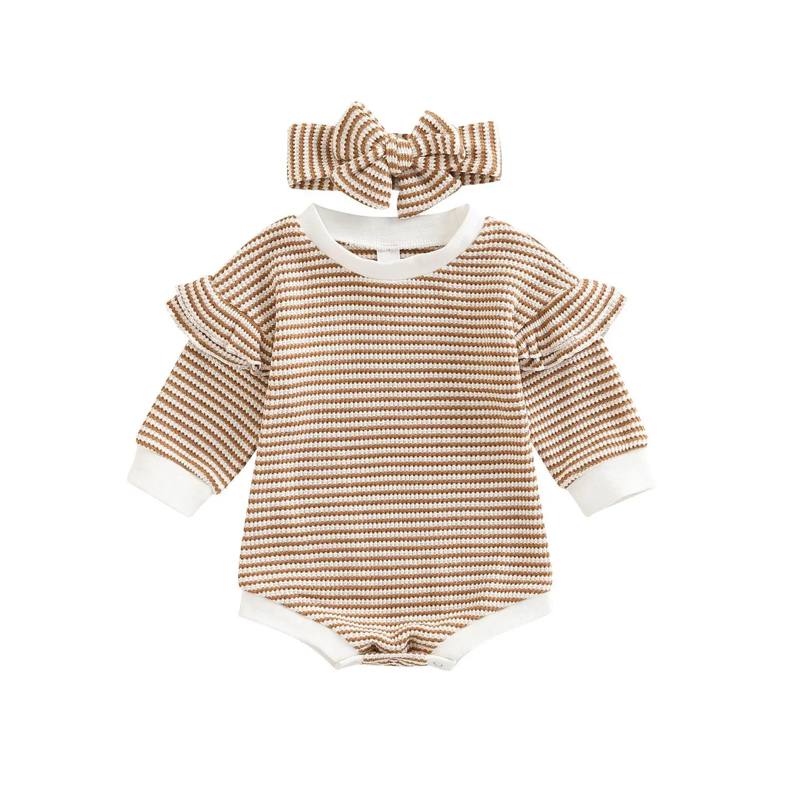 Pink Waffle Knit Baby Outfit with Hair Bow - Image 2