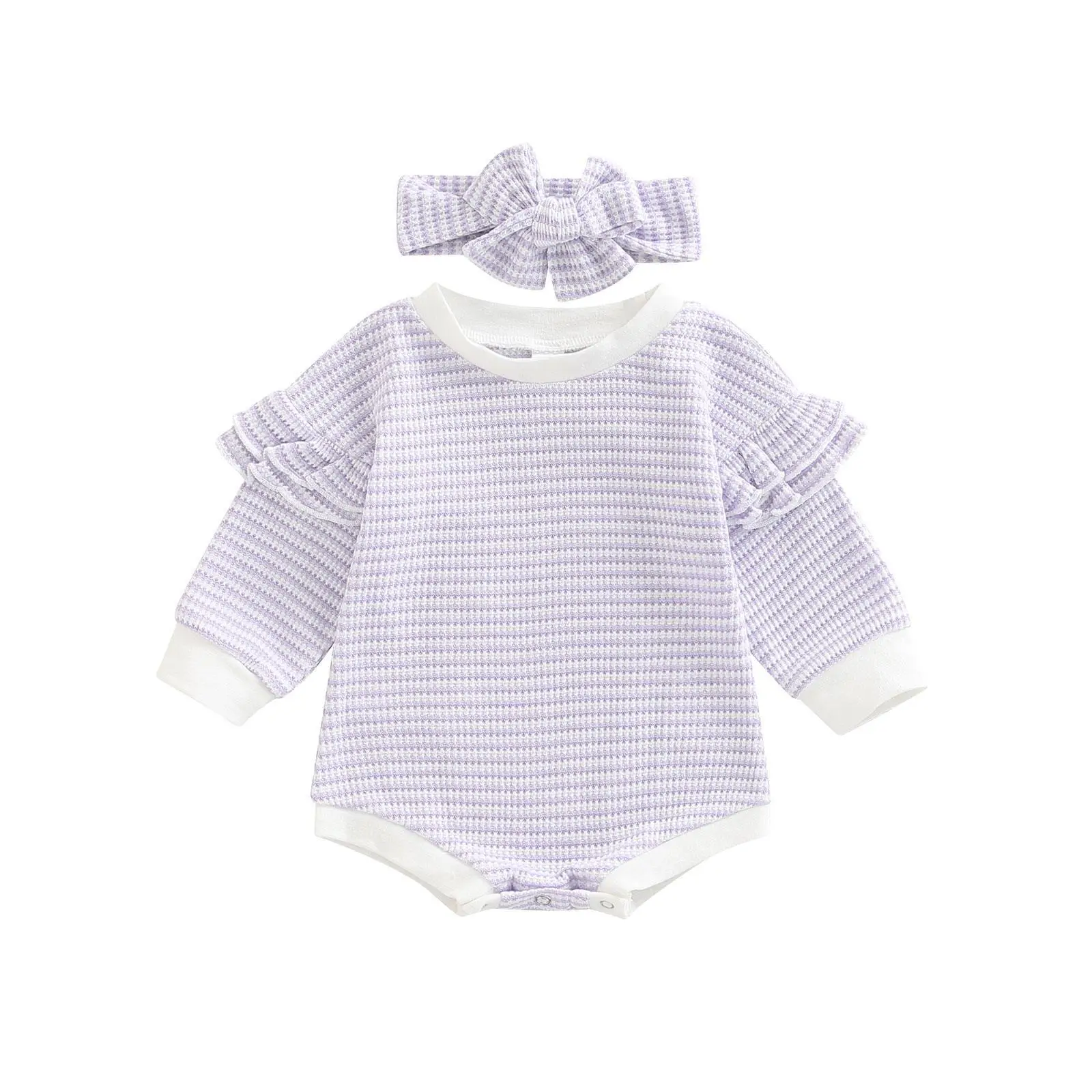 Pink Waffle Knit Baby Outfit with Hair Bow - Image 3