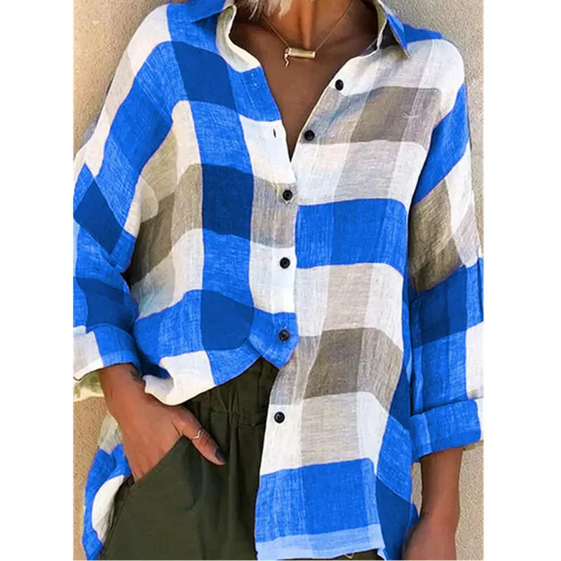 Women's Red Gray Plaid Long Sleeve Shirt Loose Fit - Image 4