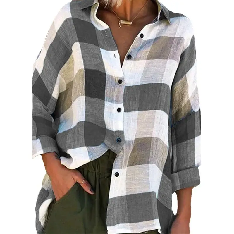 Women's Red Gray Plaid Long Sleeve Shirt Loose Fit - Image 7