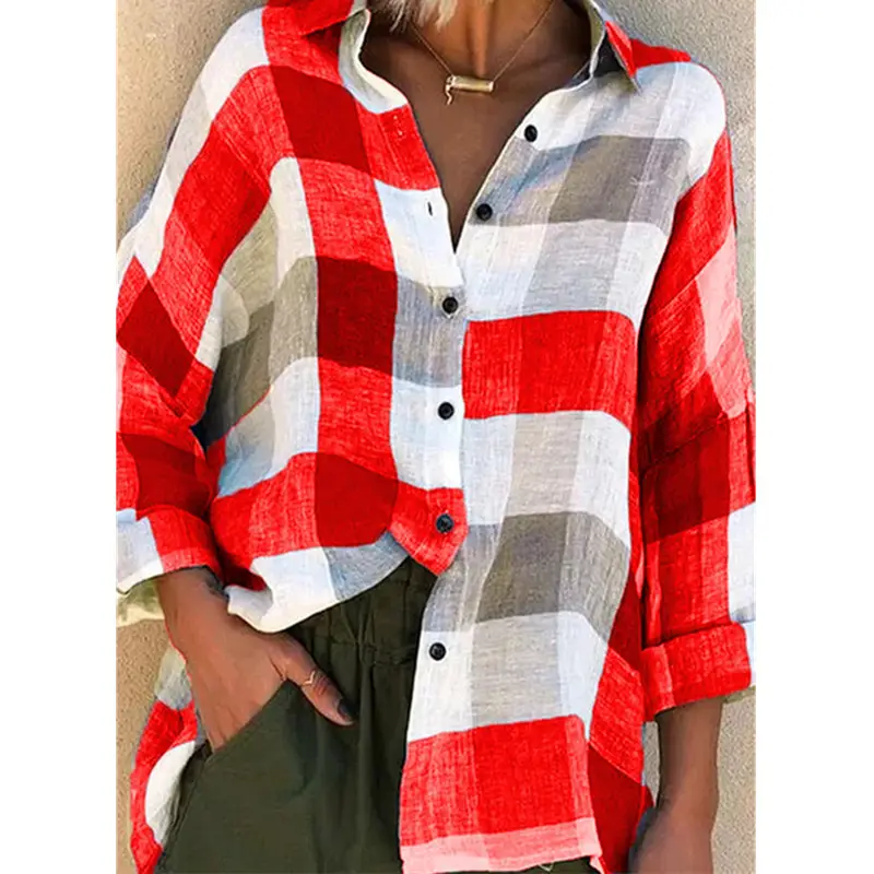Women's Red Gray Plaid Long Sleeve Shirt Loose Fit — feature 54