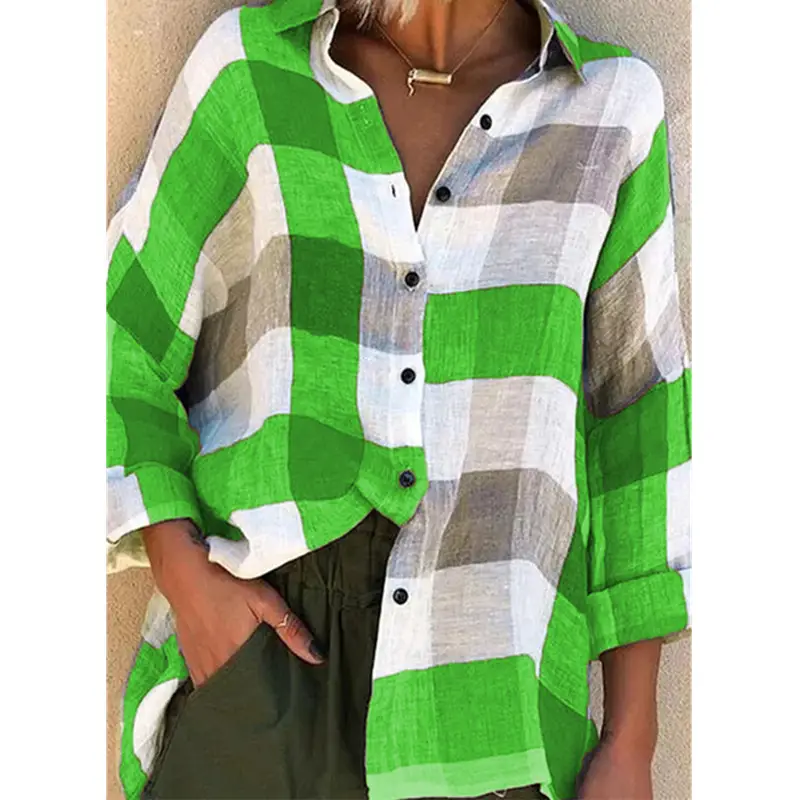 Women's Red Gray Plaid Long Sleeve Shirt Loose Fit — feature 55