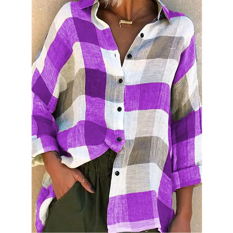 Women's Red Gray Plaid Long Sleeve Shirt Loose Fit — feature 57