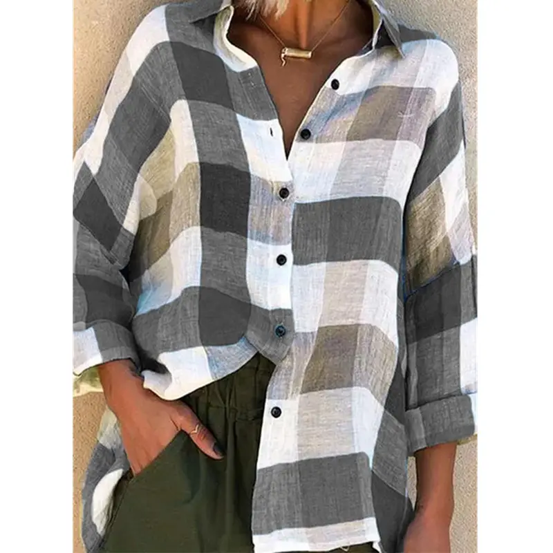 Women's Red Gray Plaid Long Sleeve Shirt Loose Fit — feature 58