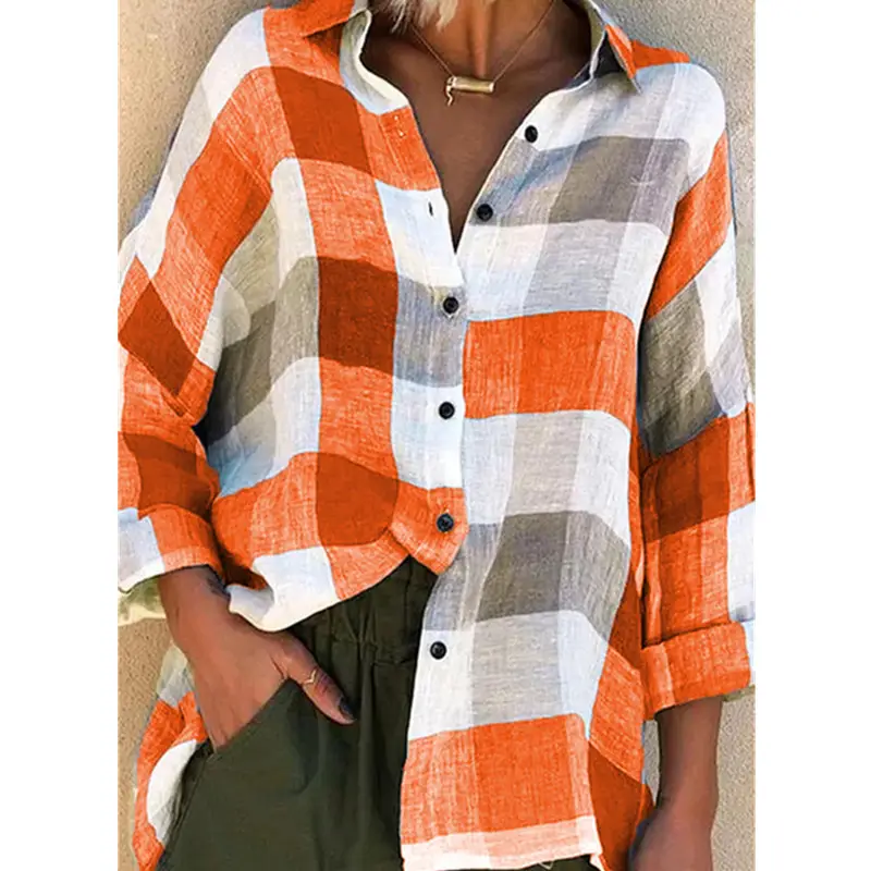 Women's Red Gray Plaid Long Sleeve Shirt Loose Fit — feature 59