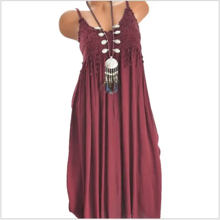 Black Lace Stitching Mid-Length Dress with Tassel Detail - Image 8