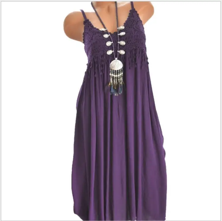 Black Lace Stitching Mid-Length Dress with Tassel Detail — feature 54