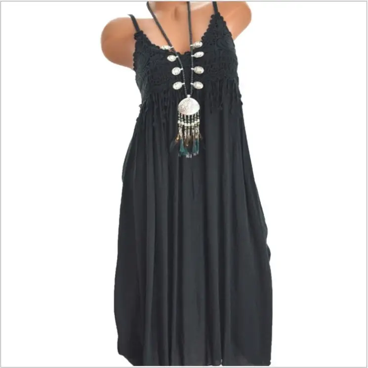 Black Lace Stitching Mid-Length Dress with Tassel Detail - Image 4