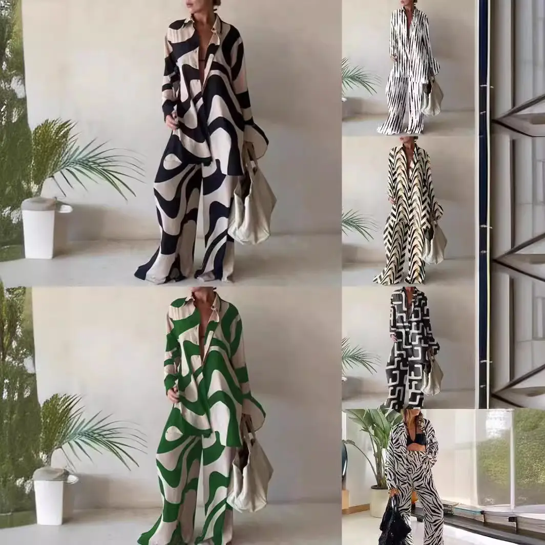 Green Abstract Print Loose Suit for Women Travel Wear - Image 8