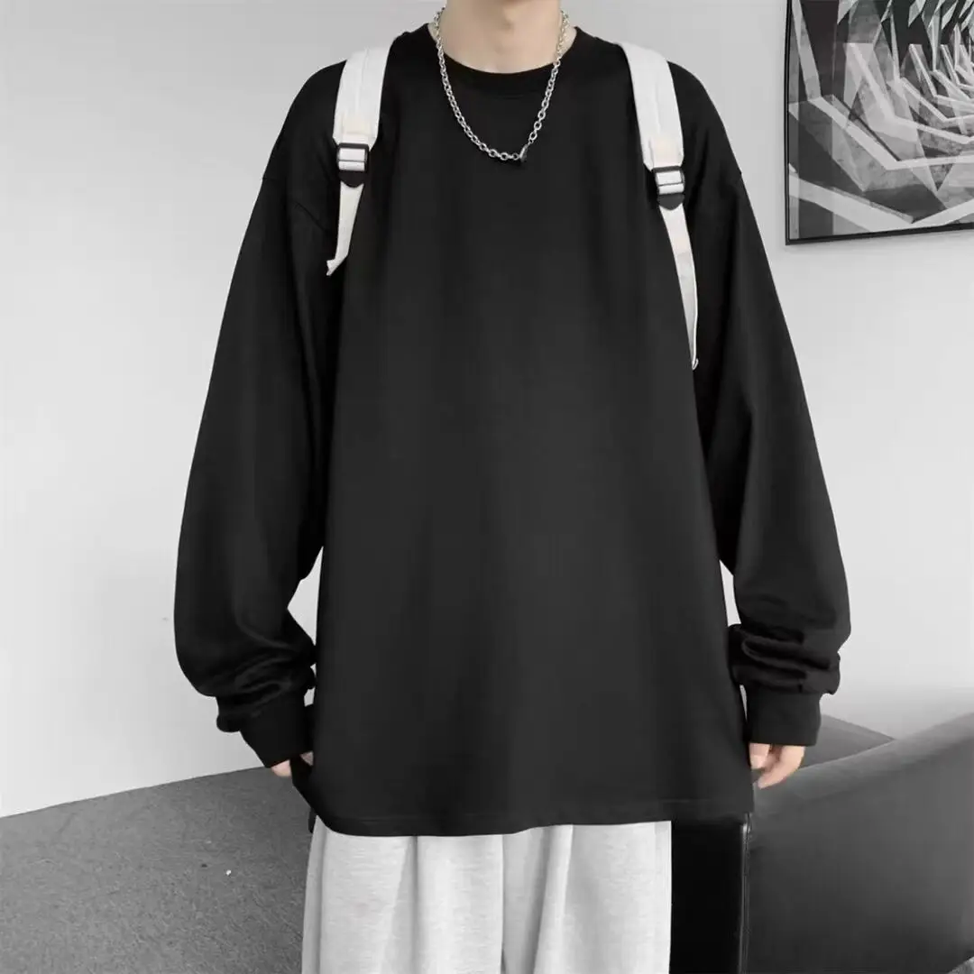 Long Sleeve Pure Cotton T-Shirt Black Loose Fit