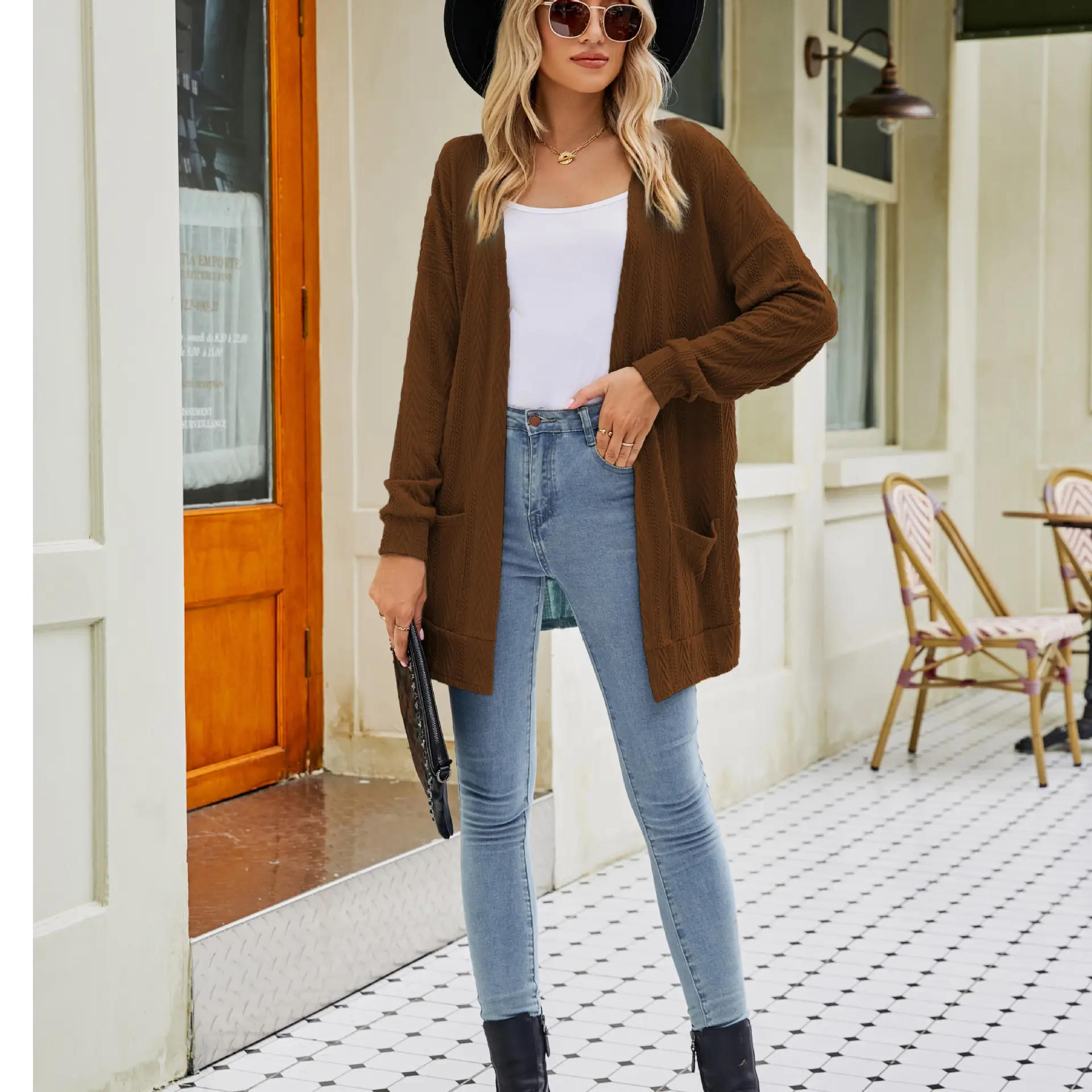 Women's Long Sleeve Cardigan Sweater Brown Cotton Autumn Coat - Image 7