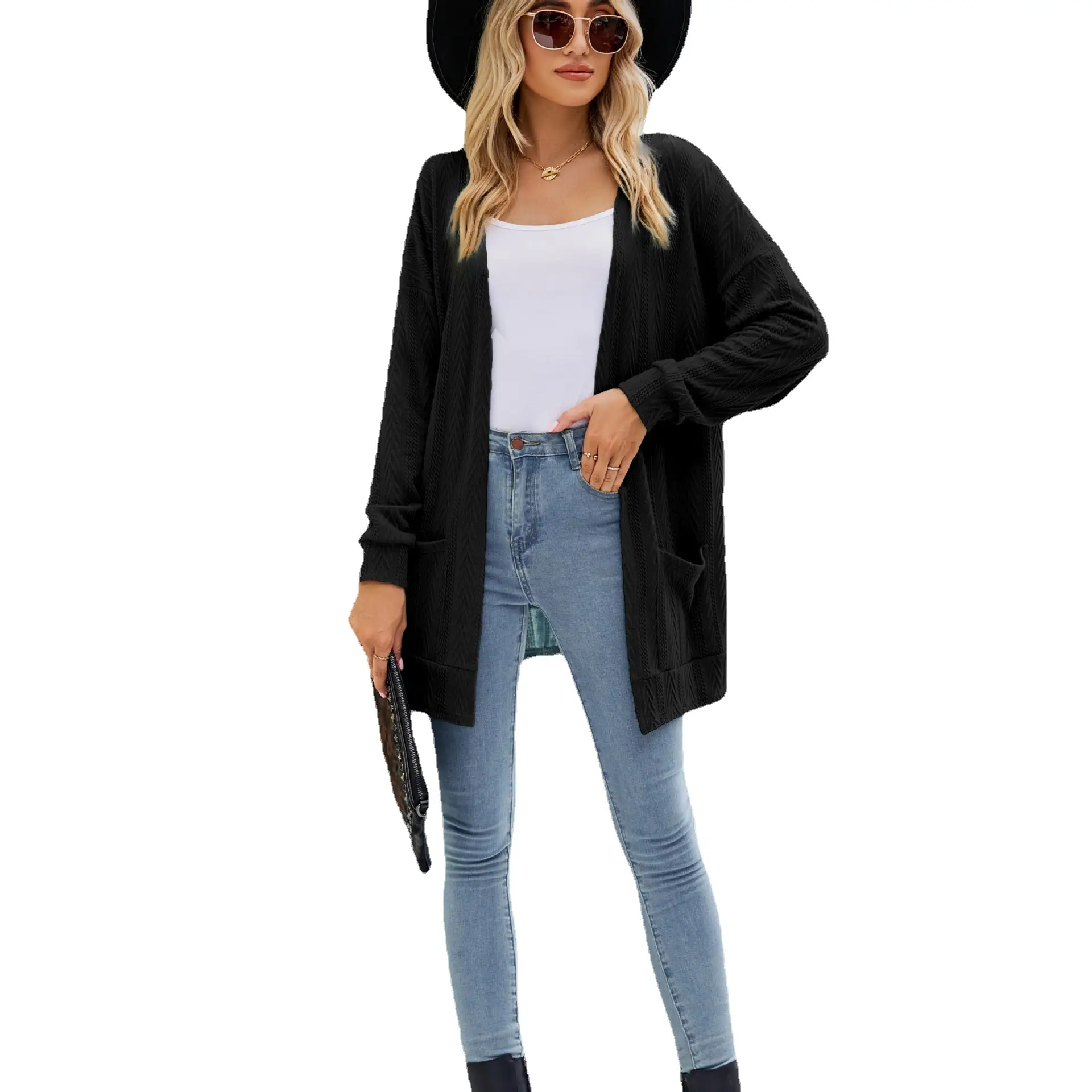 Women's Long Sleeve Cardigan Sweater Brown Cotton Autumn Coat - Image 9