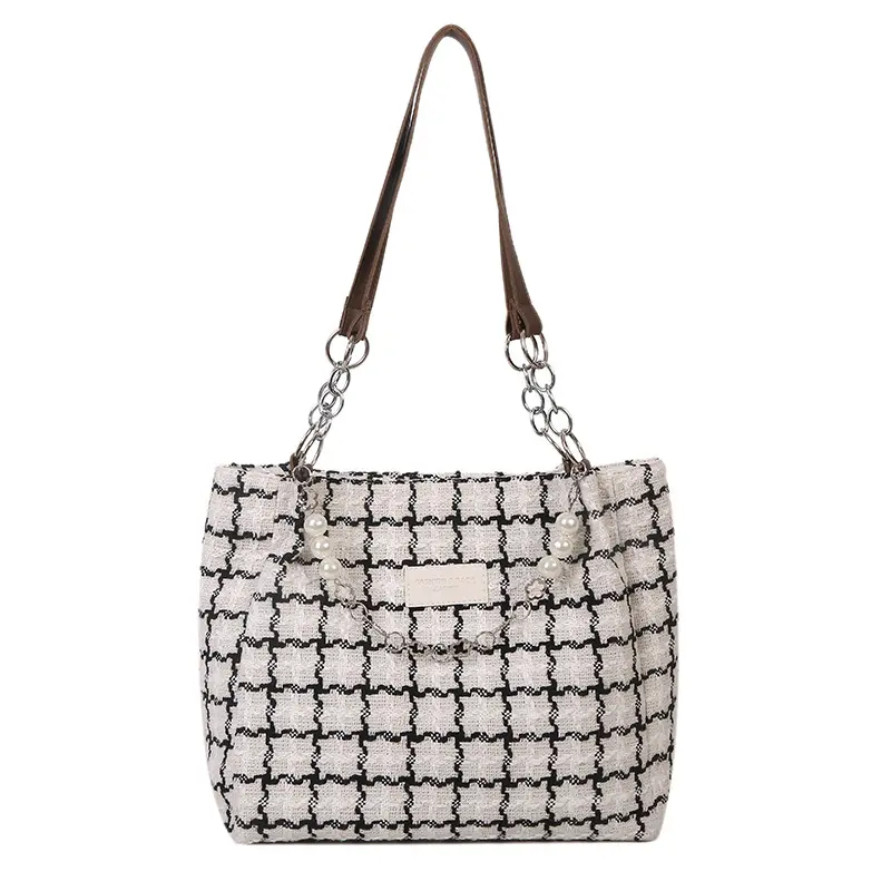 2025 New Simple Plaid Handbag Chain Decor Large Capacity European Women's Shoulder Tote - Image 8