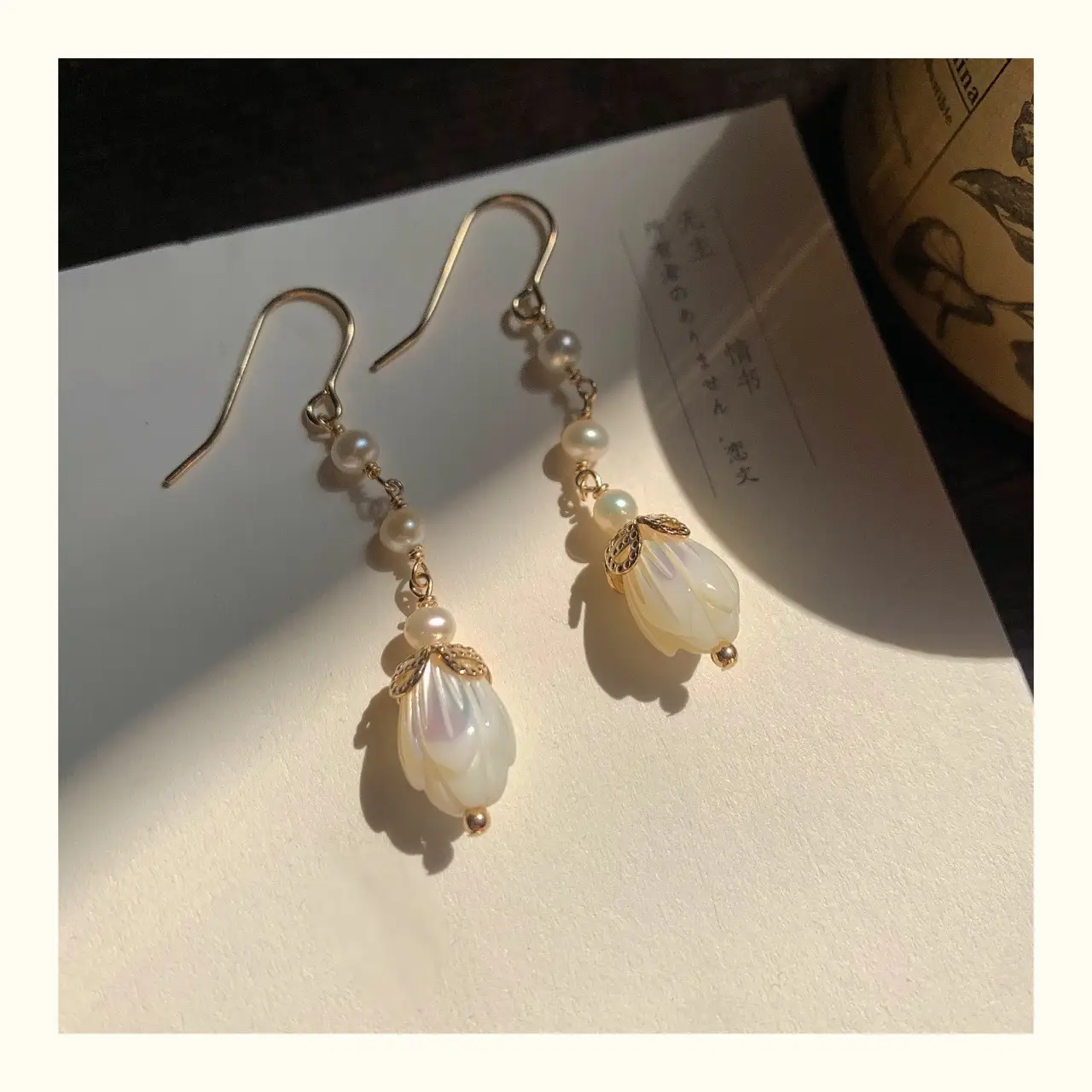 Tulip Pearl Earrings 14K Gold White Butterfly Shell - Image 5