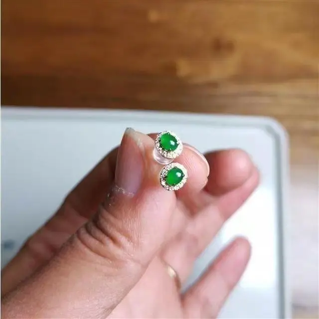 Natural Imitation Green Egg Earrings Small S925 Silver