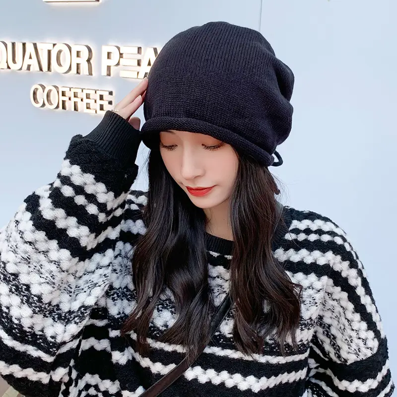 Women Wool Beanie Drawstring Cap Autumn Winter Lazy Wind Stack Cap - Image 9